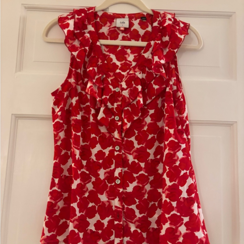 CAbi Red and White Floral Ruffle Blouse